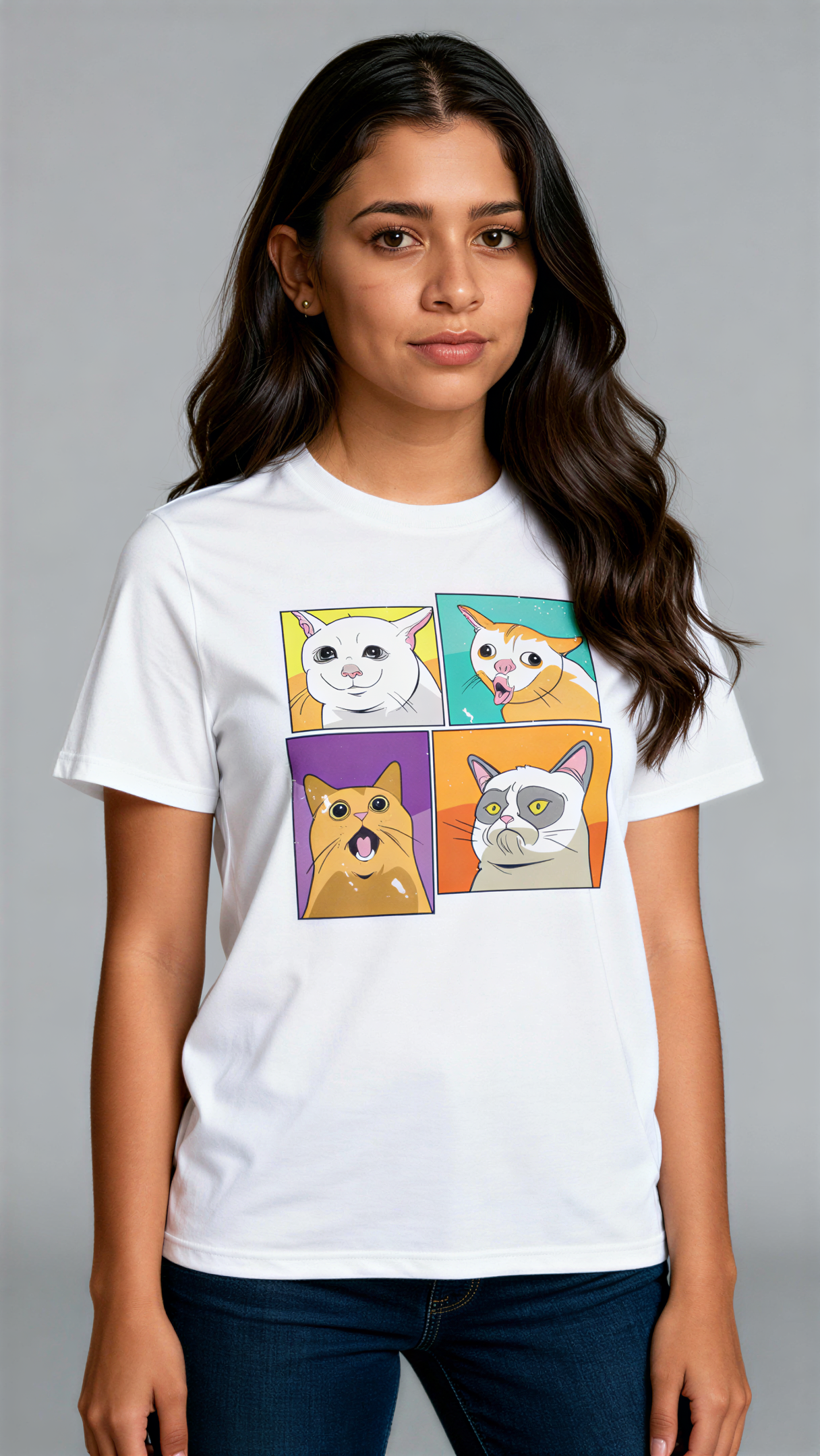 במבט קדמי, אישה לובשת חולצת כותנה אורגנית לבנה עם הדפס צבעוני של ארבעה ציורי חתולים בסגנון פופ-ארט מבית פיורלום.
