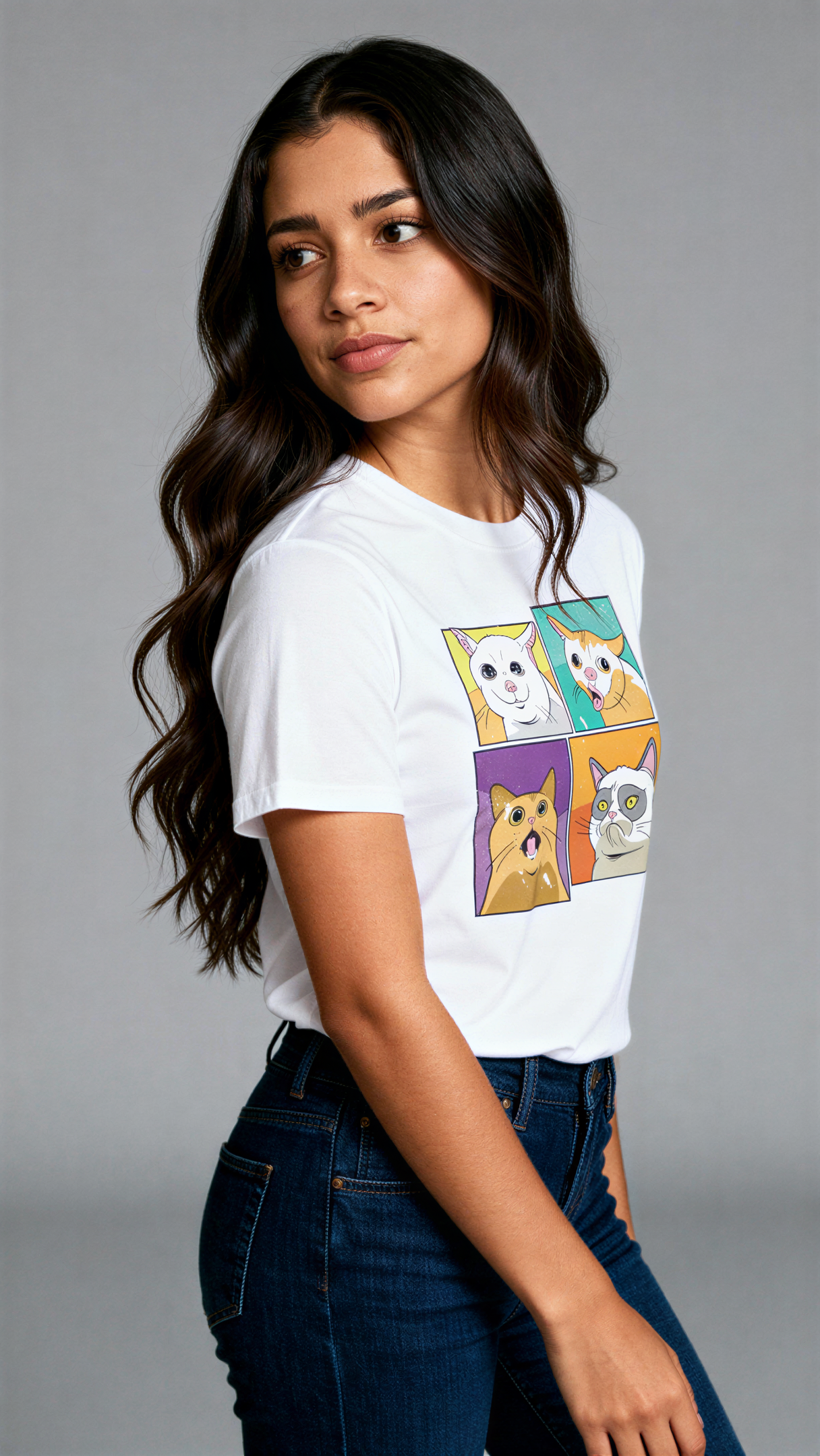 במבט צדדי, אישה לובשת חולצת כותנה אורגנית לבנה עם הדפס צבעוני של ארבעה ציורי חתולים בסגנון פופ-ארט מבית פיורלום.