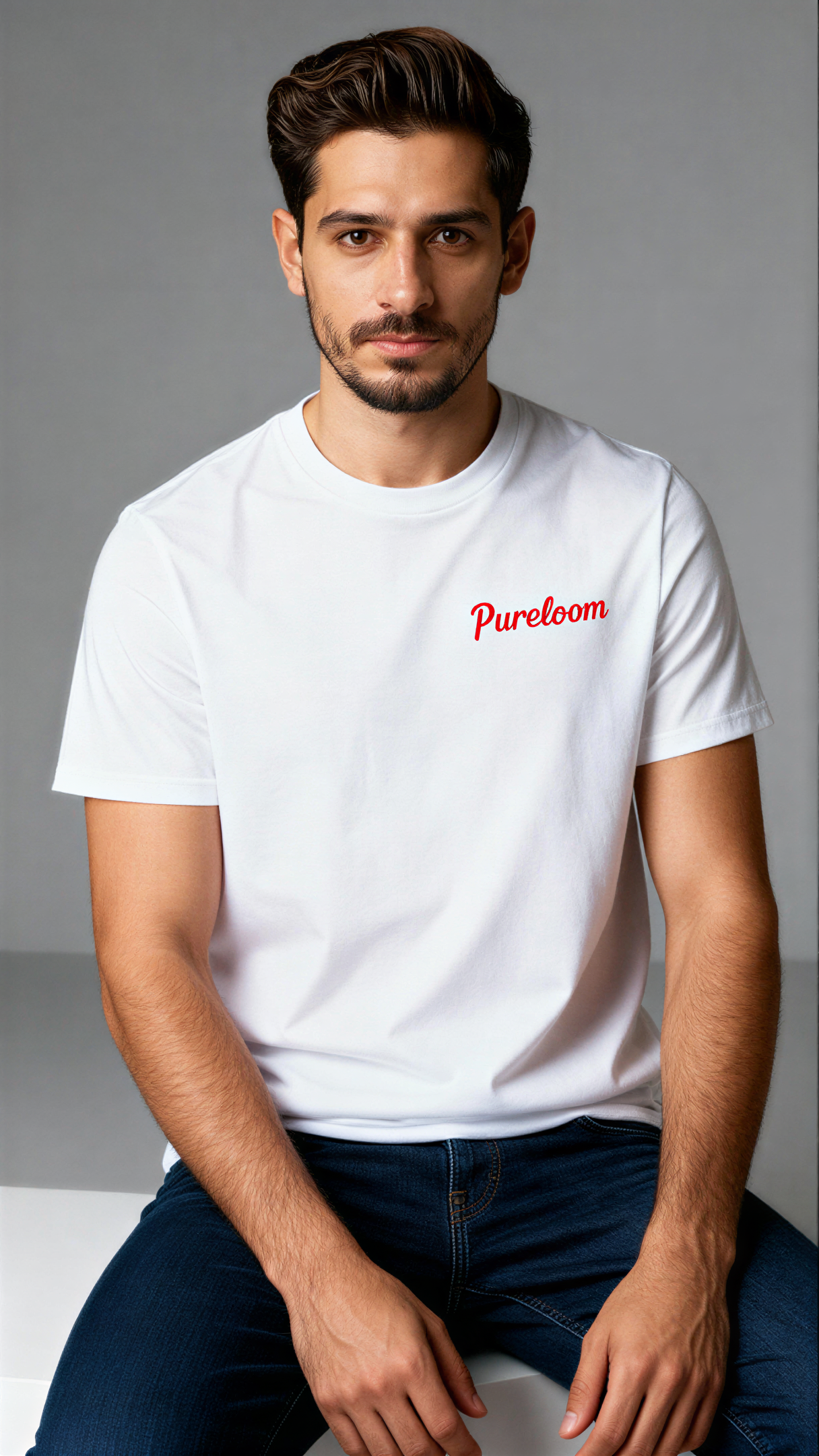 במבט קדמי, גבר לובש חולצת כותנה אורגנית לבנה עם לוגו אדום "Pureloom" בצד שמאל של החזה מבית פיורלום.