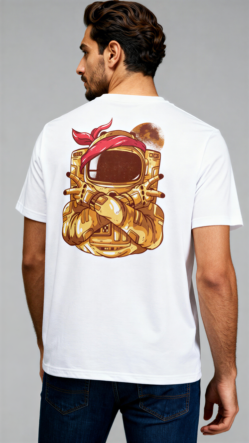 במבט מאחור, גבר לובש חולצת כותנה אורגנית לבנה עם הדפס צבעוני של אסטרונאוט חוצה ידיים על רקע הירח מבית פיורלום.