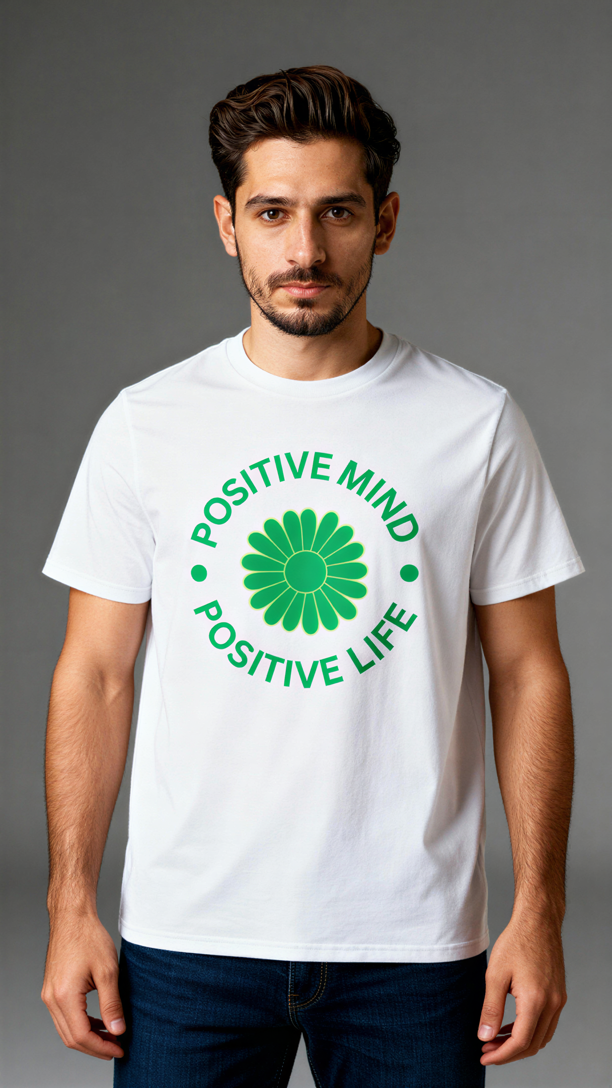 גבר לובש חולצת כותנה אורגנית לבנה עם הדפס ירוק "Positive Mind Positive Life" מבית פיורלום. מבט מלפנים