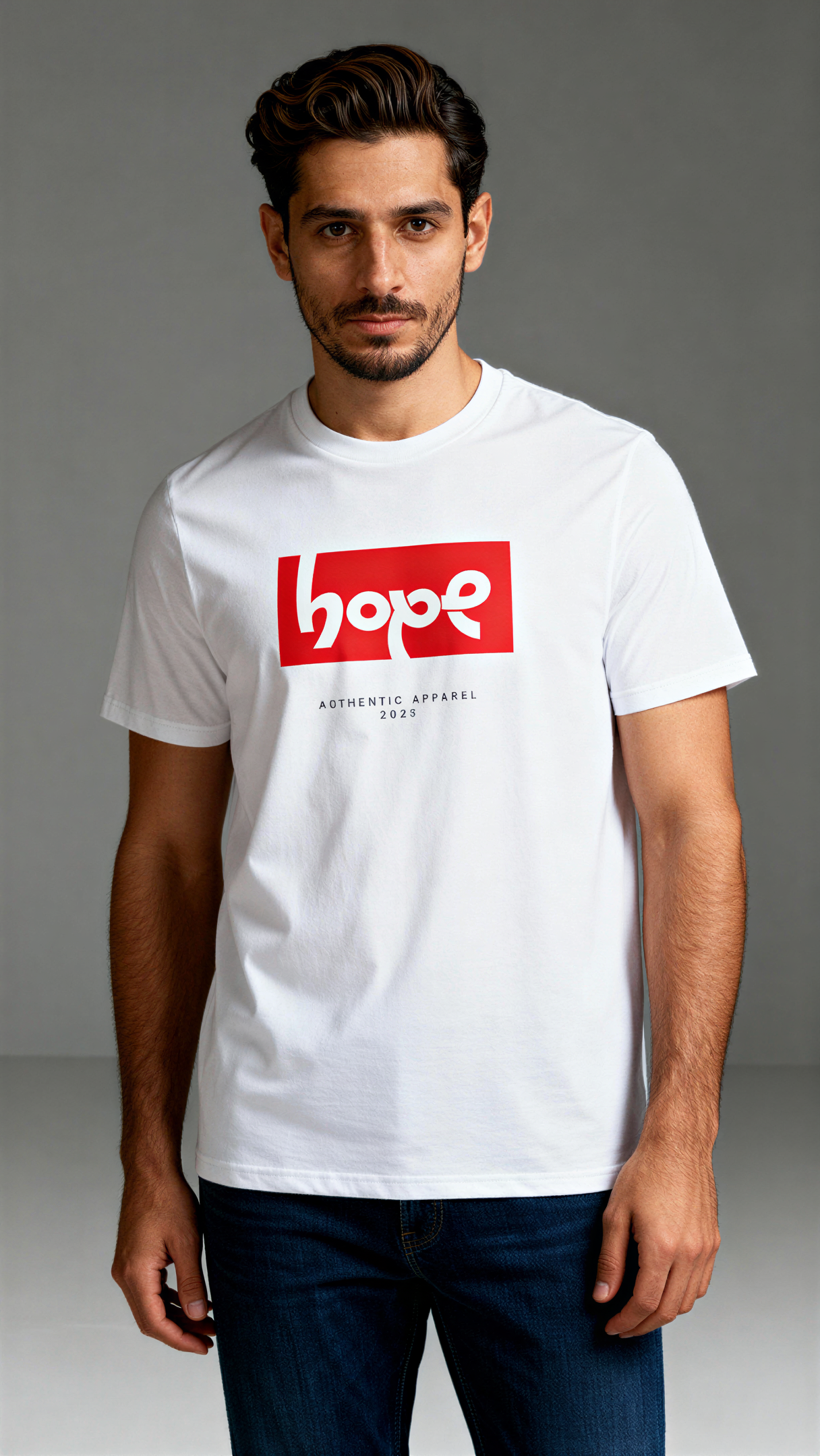 במבט קדמי, גבר לובש חולצת כותנה אורגנית לבנה עם הדפס מלבן אדום ובתוכו הכיתוב "hope" בלבן, ומתחתיו טקסט קטן "Authentic Apparel 2025" מבית פיורלום.