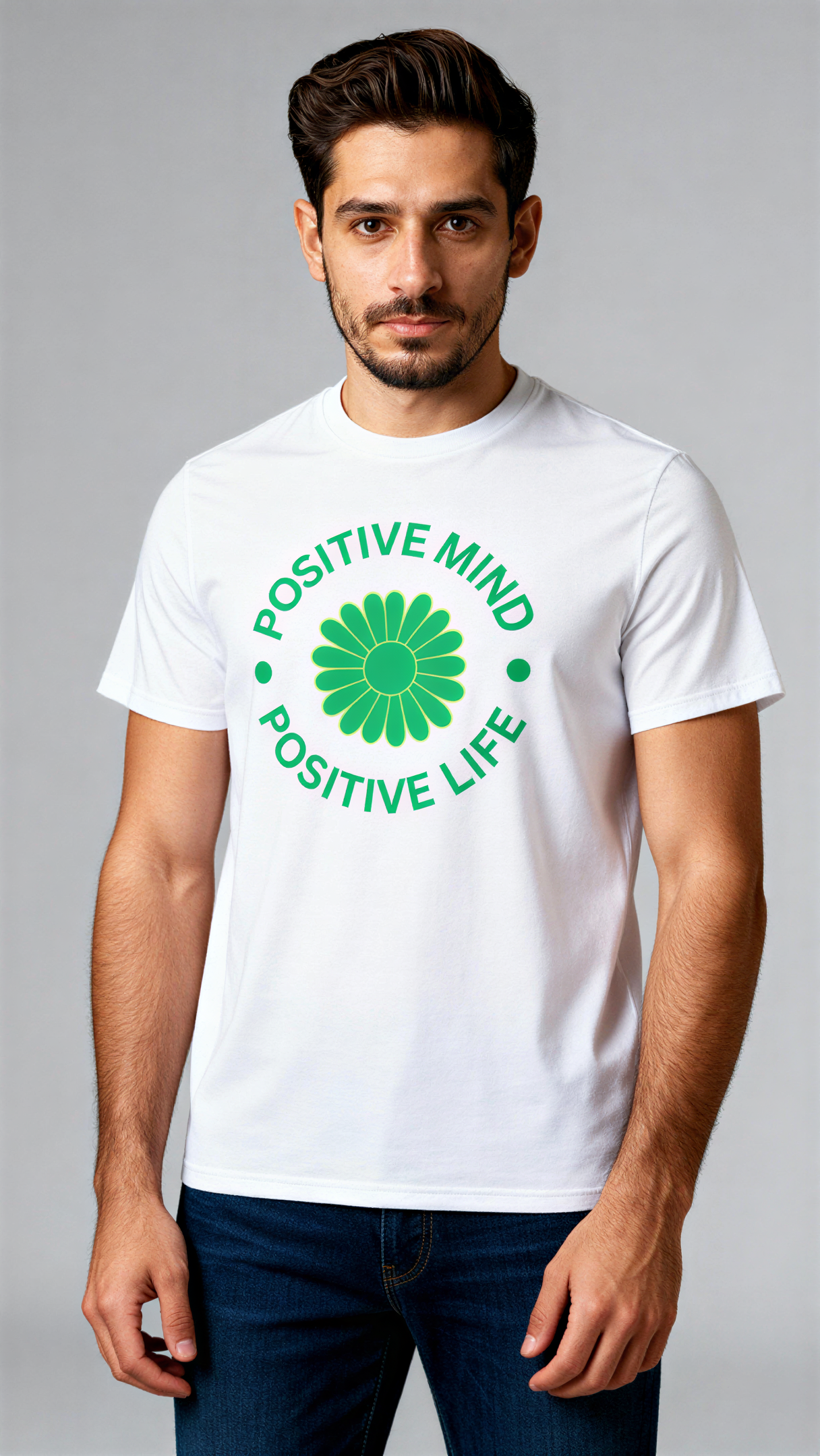 גבר לובש חולצת כותנה אורגנית לבנה עם הדפס ירוק "Positive Mind Positive Life" מבית פיורלום. מבט מלפנים